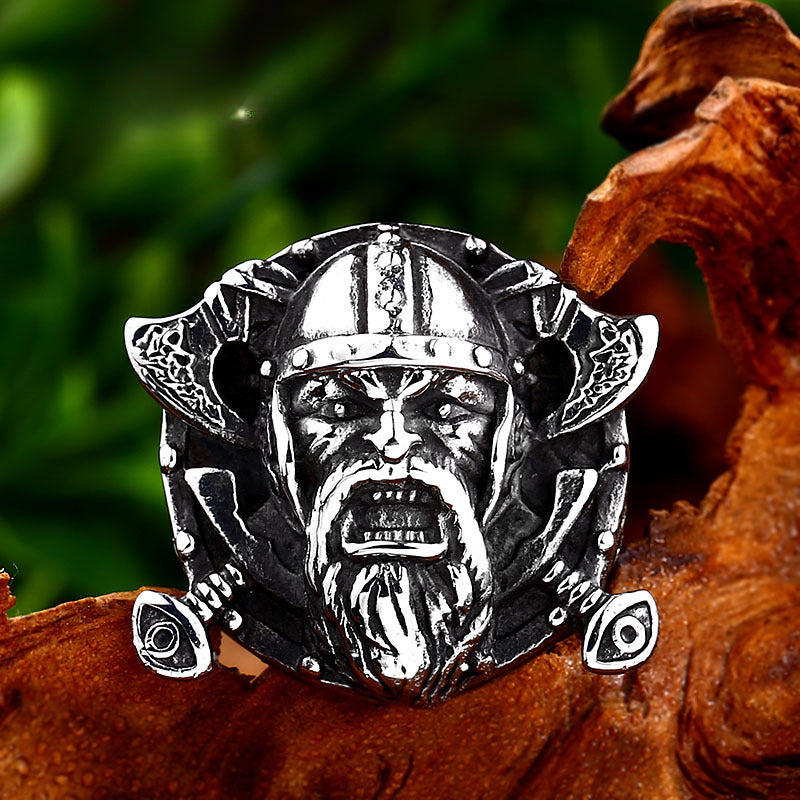 Viking Warrior Double Axe Ring for Men - Retro Stainless Steel Design, Bold Bearded Style