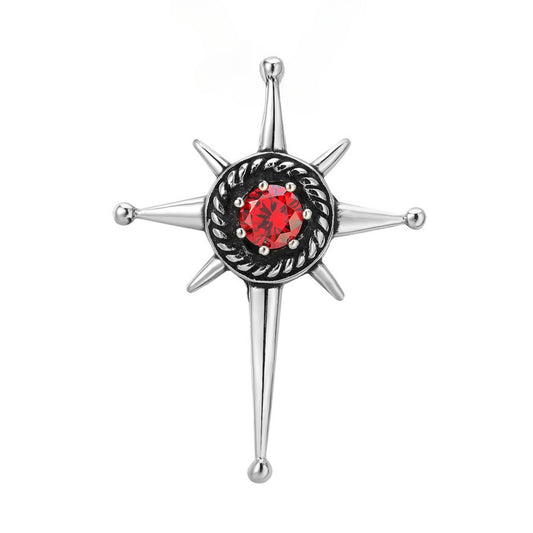 Red Zircon Sun Cross Titanium Steel Pendant for Men