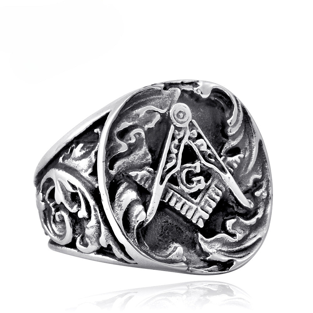 Men's Vintage Stainless Steel Carved Rings with Masonic Symbols - Wholesale Fashion Accessories