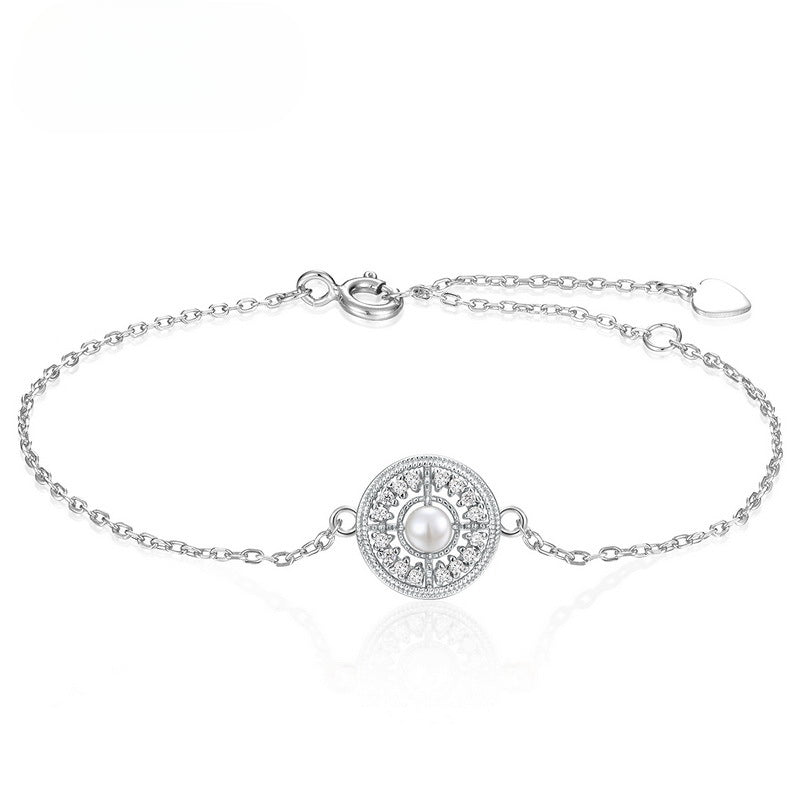 Zircon Disc Round Natural Freshwater Pearl Sterling Silver Bracelet