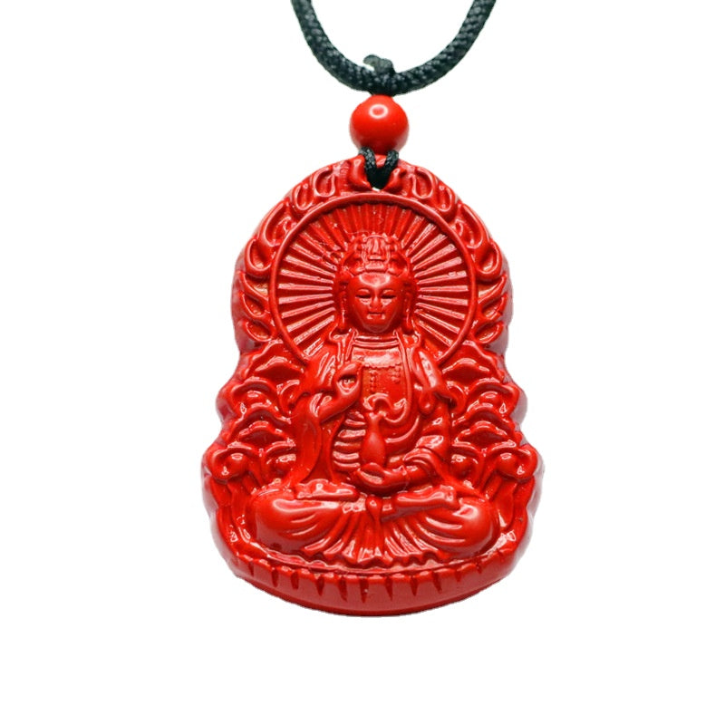 Lotus Guanyin Cinnabar Pendant with Sterling Silver