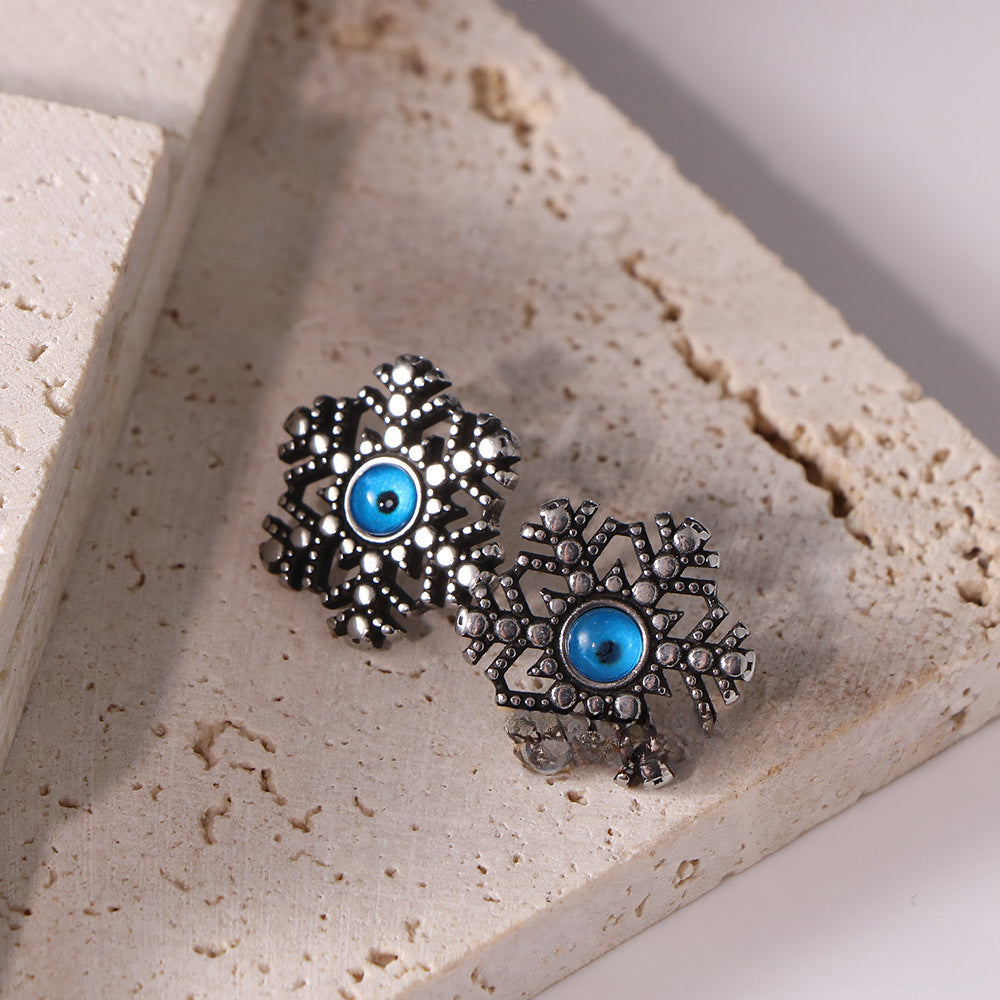 Unisex Retro Titanium Steel Snow Flower Sapphire Stud Earrings