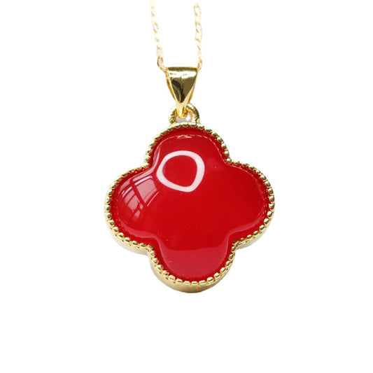 Lucky Clover Red Agate Pendant Necklace - Sterling Silver Jewelry