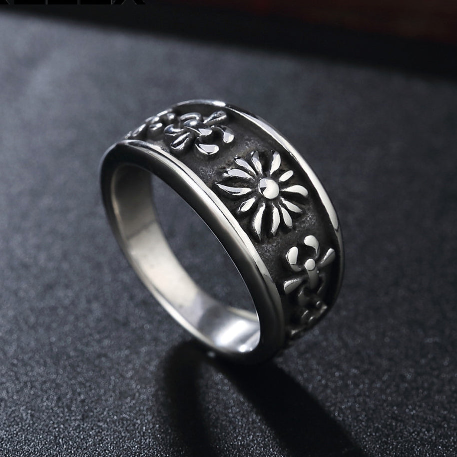 Cross Flower and Childern Flower Titanium Steel Ring for Men