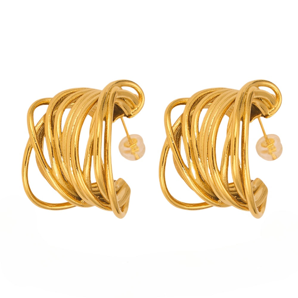 18k Gold Plated Titanium Steel Earrings with Multi-layer Line Texture Splicing Design