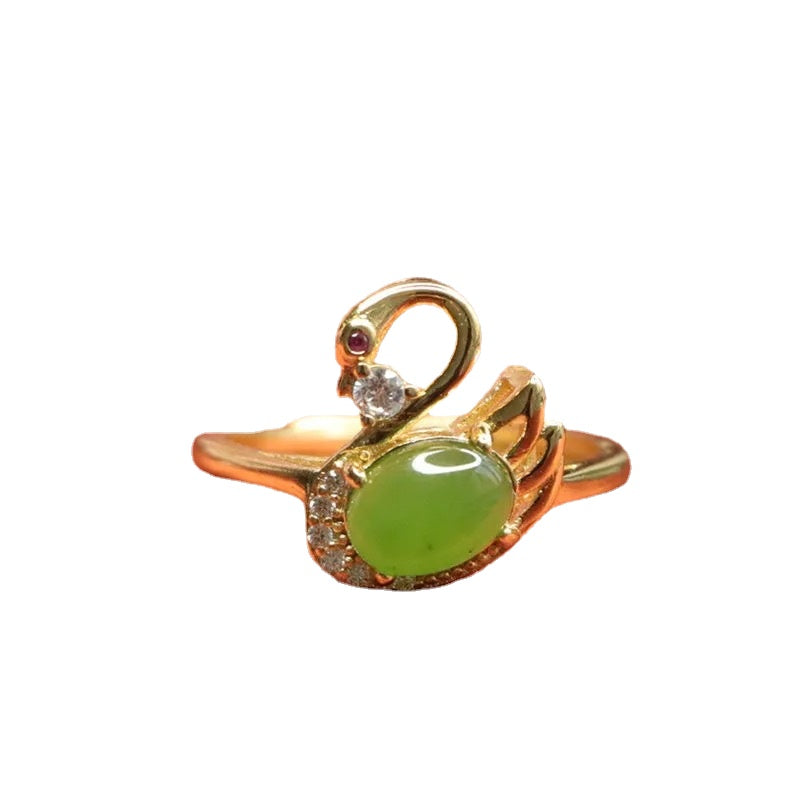 Fortune's Favor Adjustable Hetian Jade and Green Jasper Swan Zircon Ring