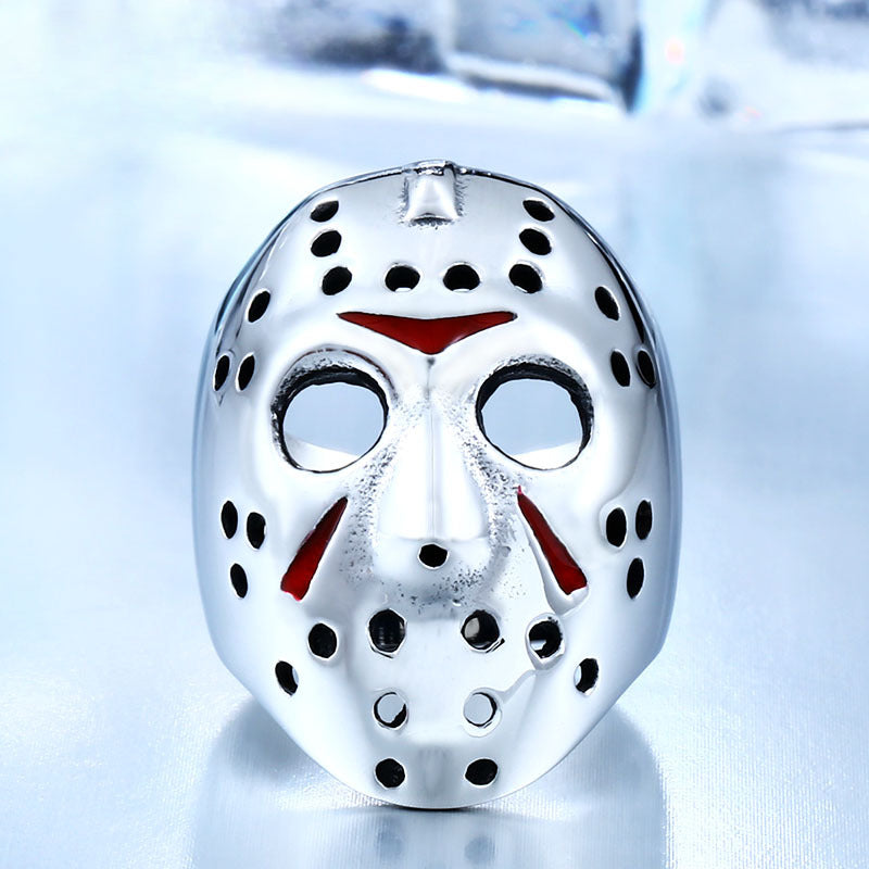 Bold Titanium Steel Ring with Jason Mask Design - Men's Epoxy Jewelry for Film and TV Enthusiasts