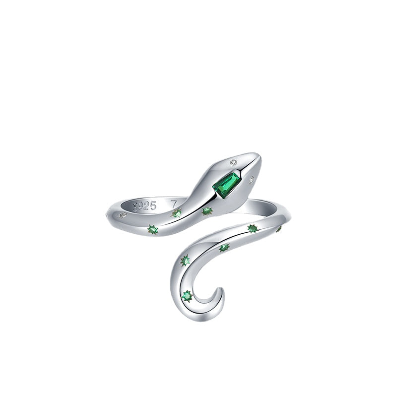 Adjustable Sterling Silver Snake Index Finger Ring with Zircon Gem, Light Luxury Jewelry for Women