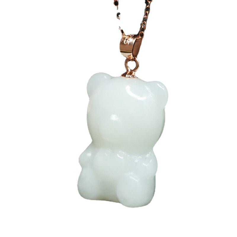 White Jade Bear Necklace with Sterling Silver Chain