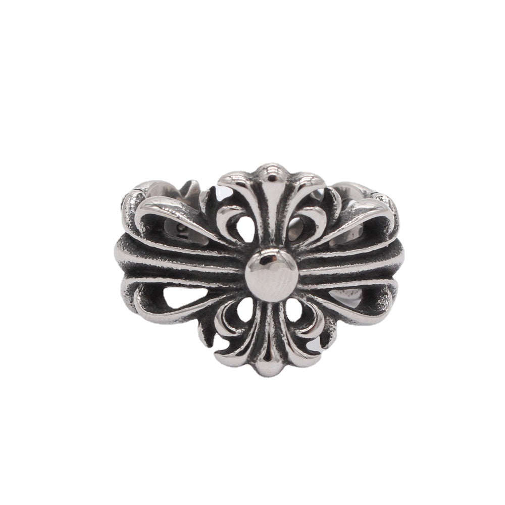 Hollow Cross Flower Opening Titanium Steel Ring for Men