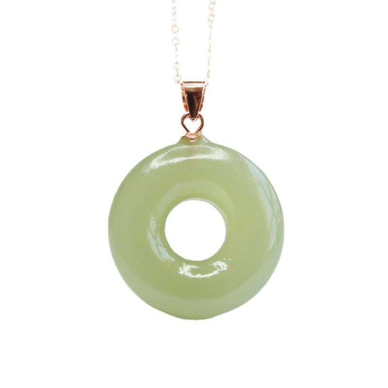 Natural Hetian Jade Lake Green Jade Sterling Silver Necklace with Hollow Circle