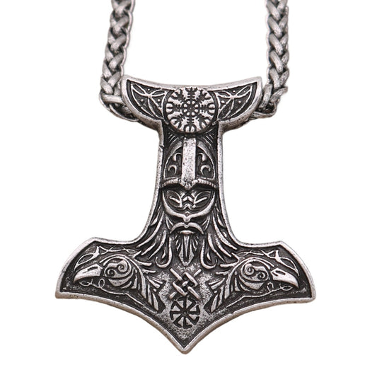 Norse Legacy Double-sided Viking Odin Crow and Thor Hammer Pendant Necklace for Men