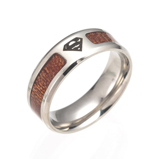 Handcrafted Acacia Wood Grain Men's Ring - Steel Construction, Size 6-13