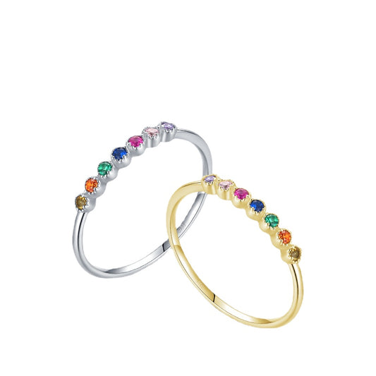 Colorful Zircon Rainbow Sterling Silver Ring - Size 5-9