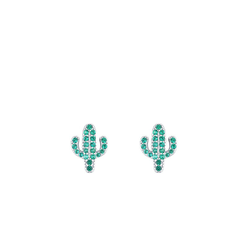 Cute Cactus Sterling Silver Earrings with Sparkling Zircon Gemstones