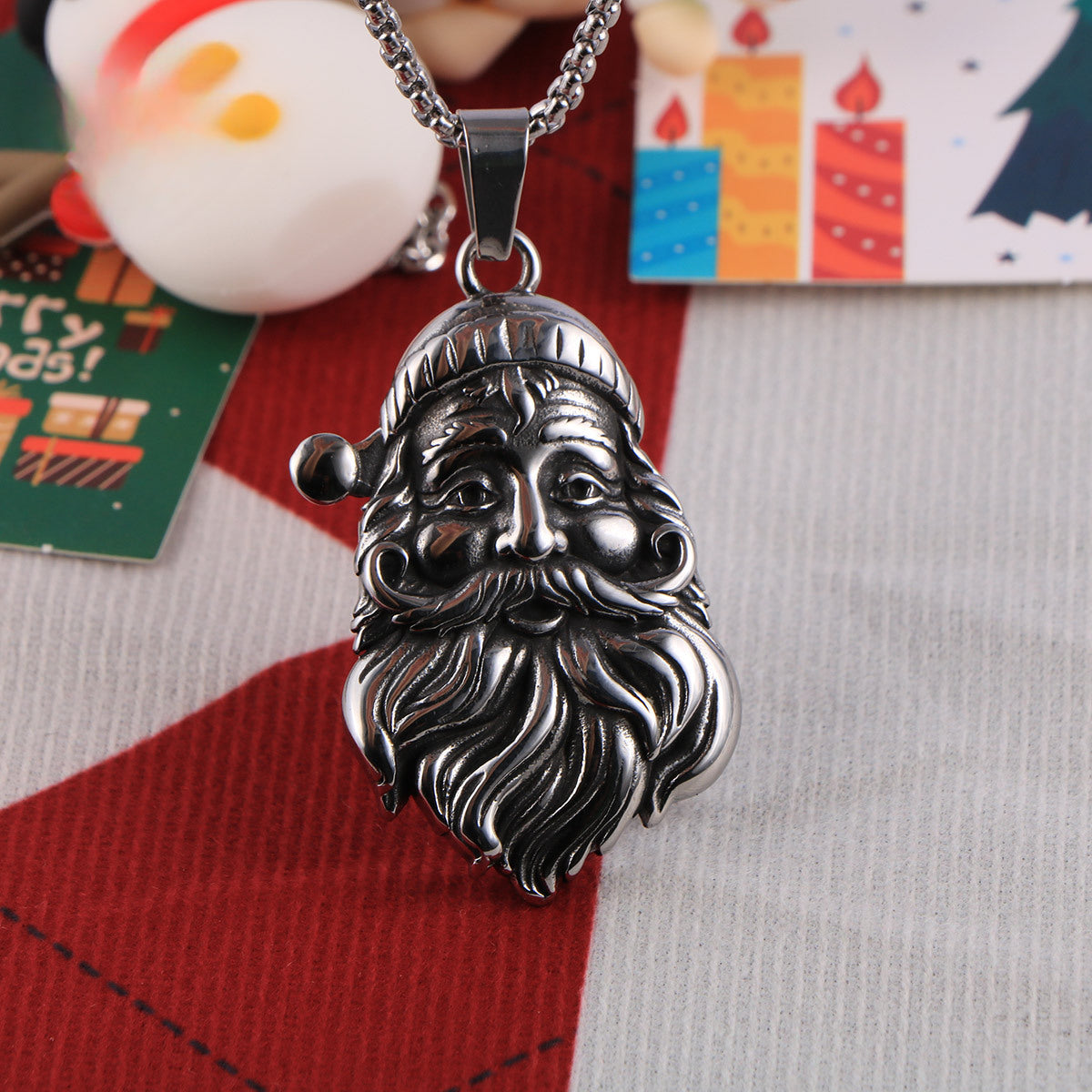 Retro Santa Pendant Necklace in Titanium Steel - Personalized Hipster Jewelry for Men