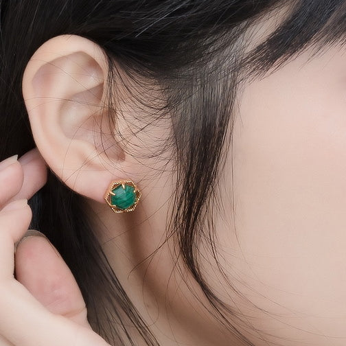 Hexagonal Malachite Sterling Silver Stud Earrings