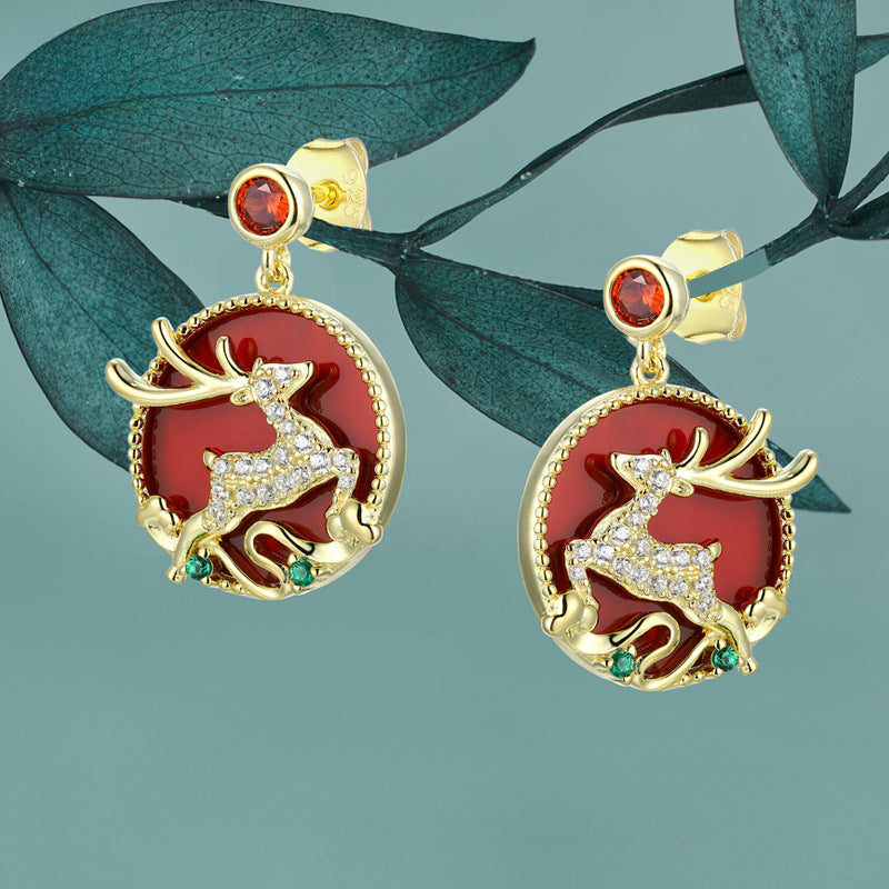Christmas Deer Red Agate Round Disc Pendant Zircon Sterling Silver Earrings