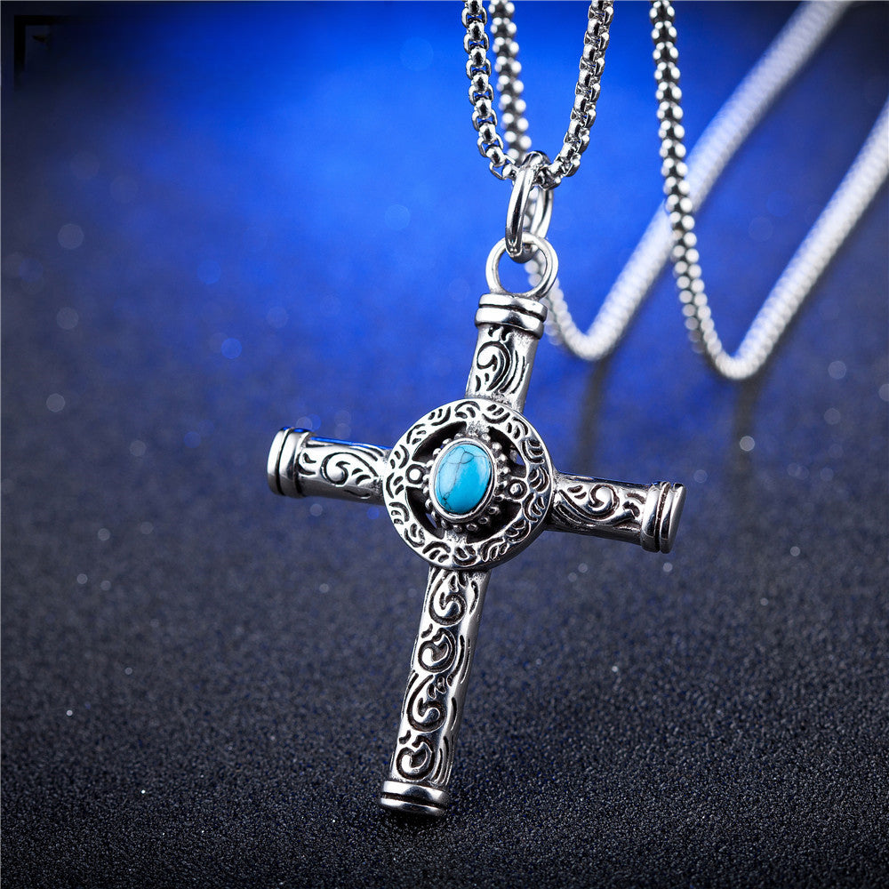 Turquoise Totem Celtic Cross Titanium Steel Necklace for Men