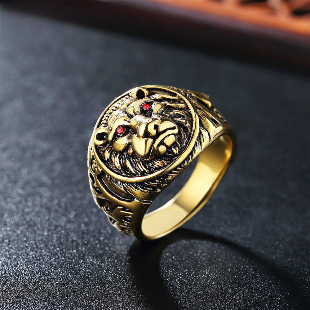 Red Eye Zircon Lion Head Relief Round Shape Titanium Steel Ring for Men