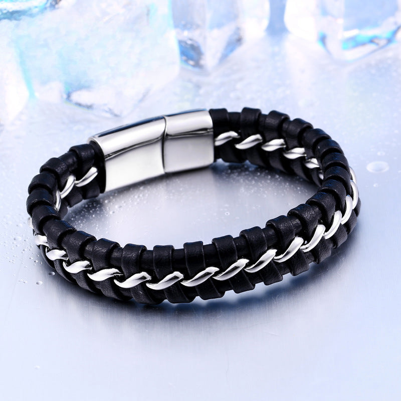 Men's Ethnic Style Retro Black Woven Leather and Stainless Steel Bracelet