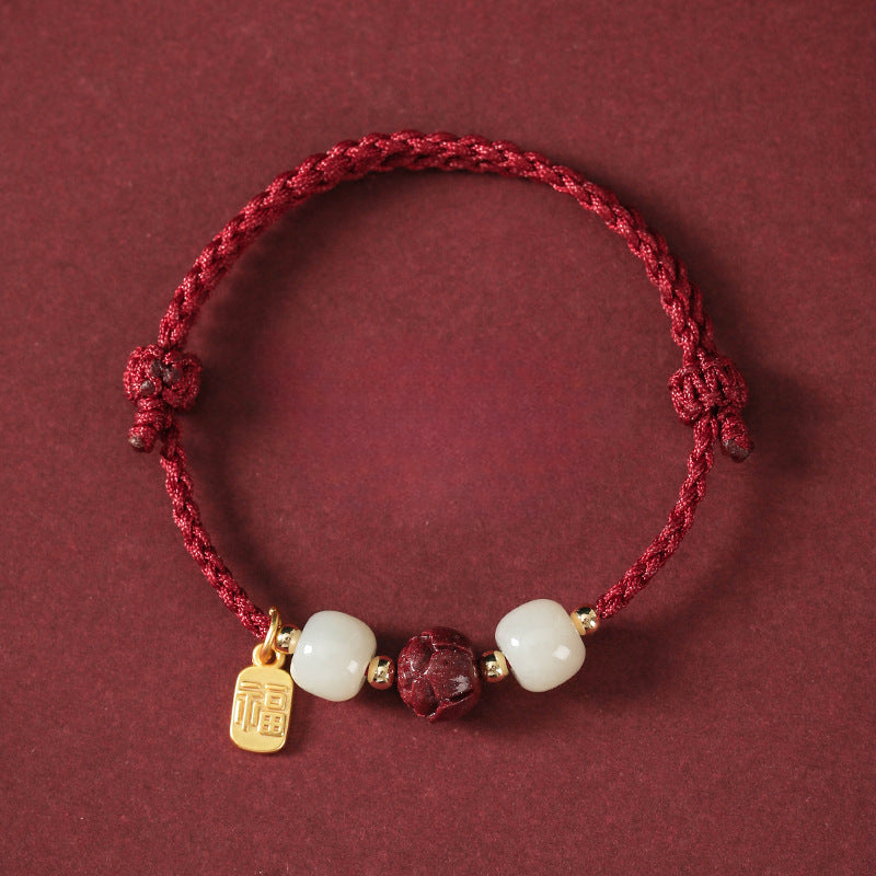 Cinnabar Lotus and Jade Fu Brand Silver Bracelet