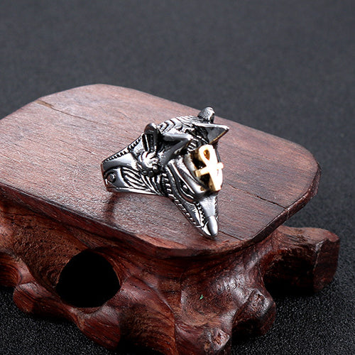 Ancient Egyptian Anubis Self-Defense Titanium Steel Ring for Men - Vintage Jackal Head Design