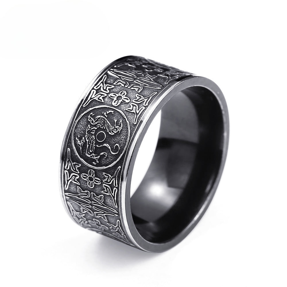 Custom Black Titanium Steel Men's Ring - Ethnic Design of the Four Divine Beasts