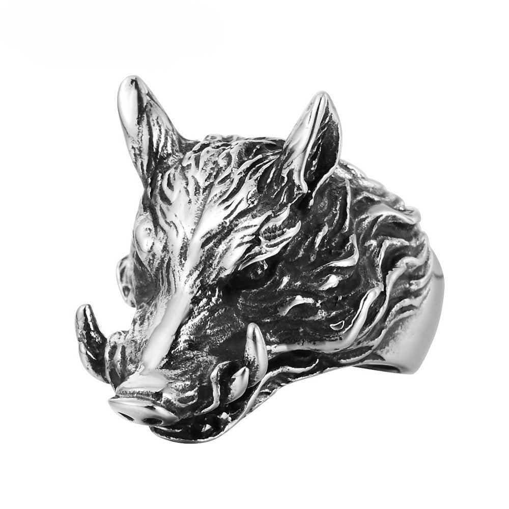 Wild Boar Head Titanium Steel Ring for Men