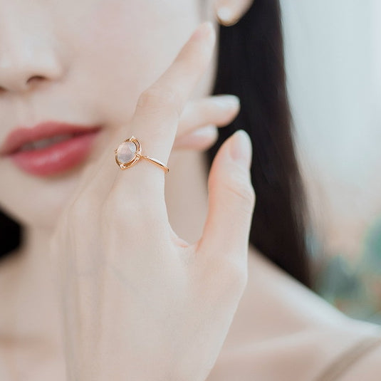 Double Circle Round Shape Pink Crystal Opening Silver Ring