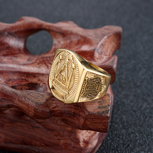 Personalized Retro Gold Titanium Steel Freemason Ring for Men - European and American Fashion Religious Totem Jewelry