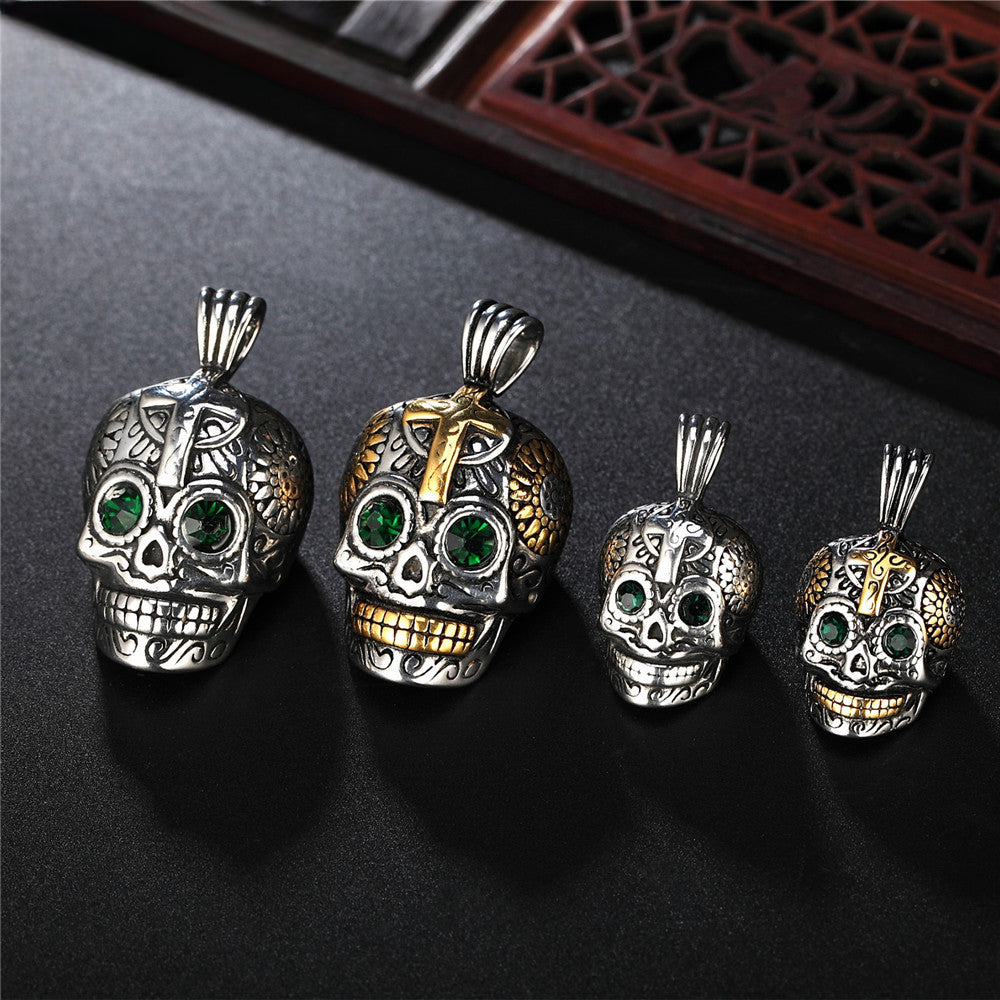 Halloween Ghost Skull Green Zircon Titanium Steel Necklace for Men