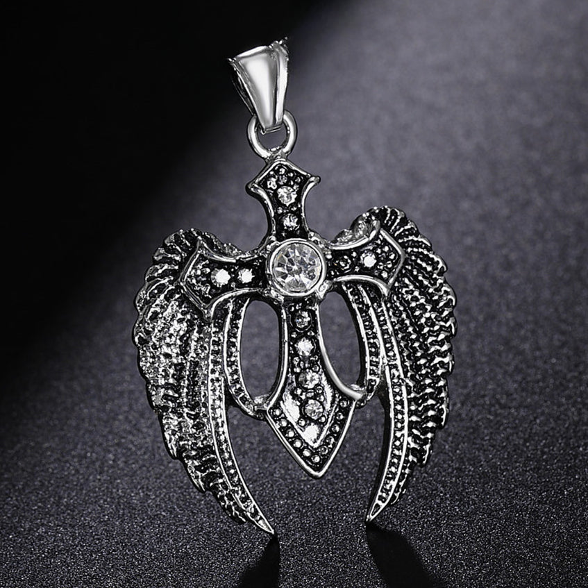 Fallen Angel Wings Zircon Cross Titanium Steel Pendant for Men