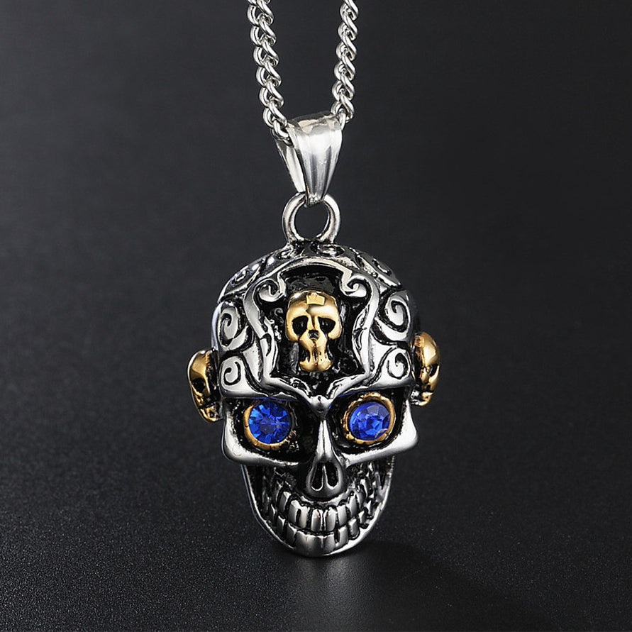 Halloween Blue Zircon Carved Skull Titanium Steel Necklace for Men