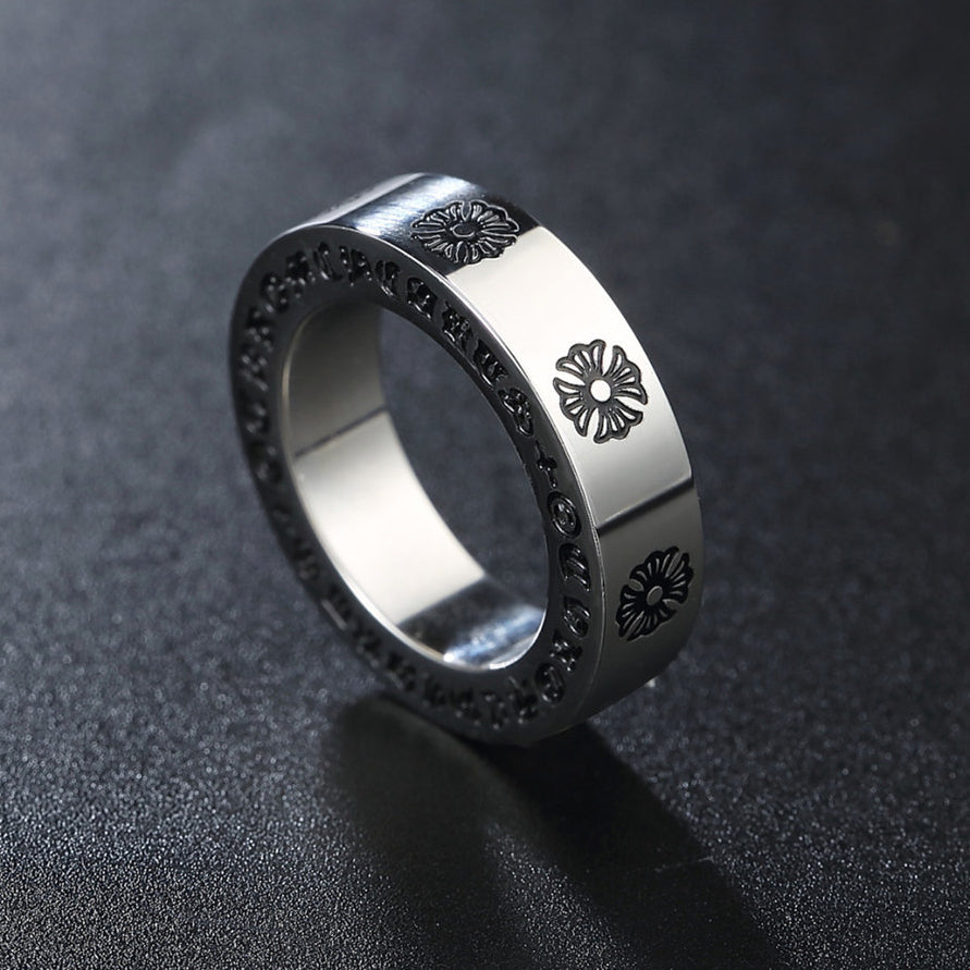 Cross Flower Gothic Text Titanium Steel Ring for Men