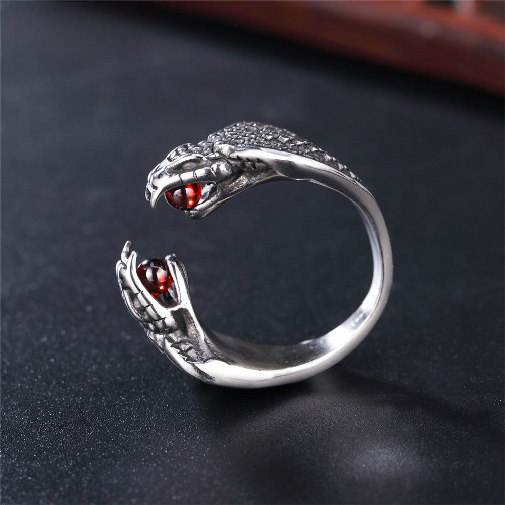 Double Viper Snake with Red Beads Titanium Steel Ring for Men