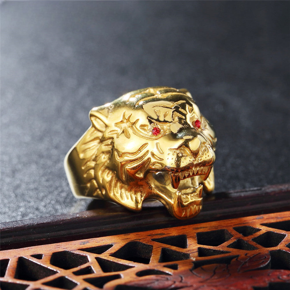 Punk Red Eye Zircon Golden Tiger Head Titanium Steel Ring for Men