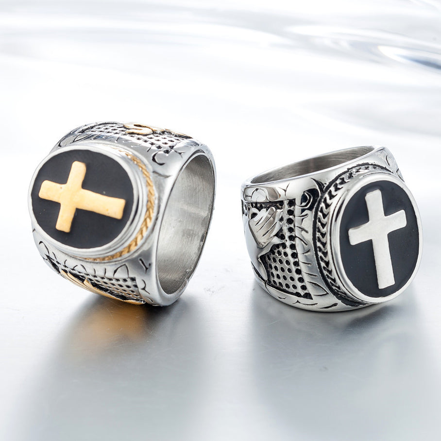 Latin Cross Snake Prayer Titanium Steel Ring for Men