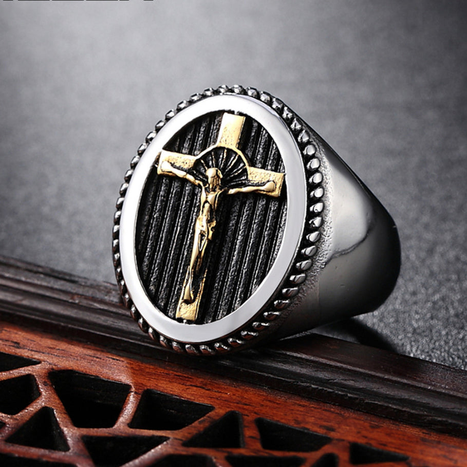 Jesus Crucifix Oval Titanium Steel Ring for Men