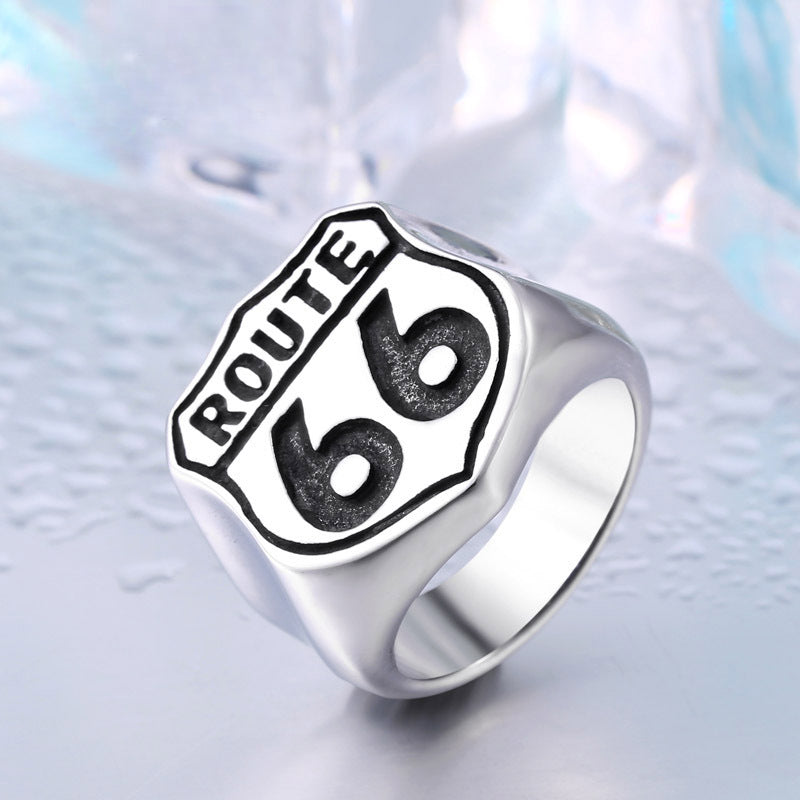 Highway 66 Retro Titanium Steel Men's Personalized Ring - Planderful Everyday Genie Collection