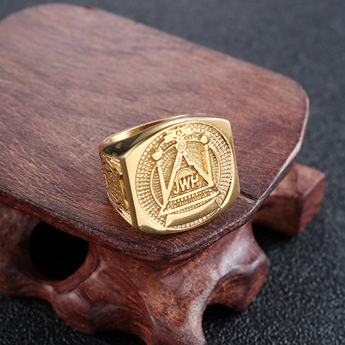 Personalized Retro Gold Titanium Steel Freemason Ring for Men - European and American Fashion Religious Totem Jewelry