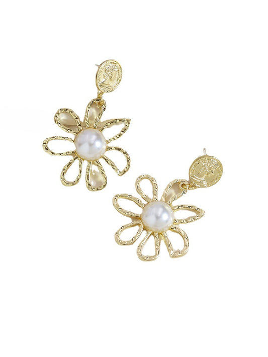 Metallic Blooms Earrings Set with Pearl Accents