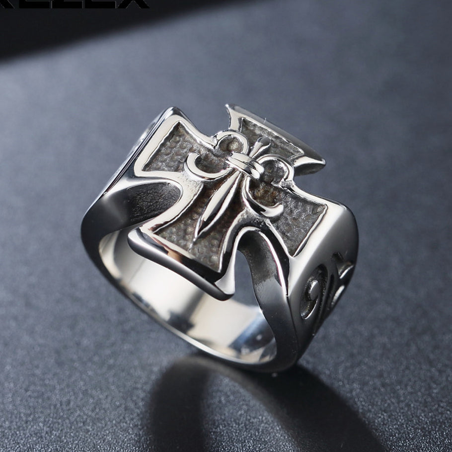 Cross with Flower Titanium Steel Ring for Men