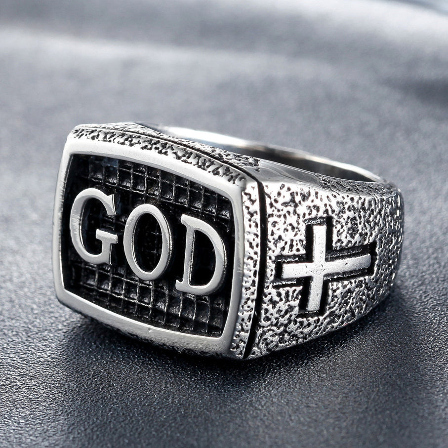 Latin Cross GOD Rectangle Titanium Steel Ring for Men