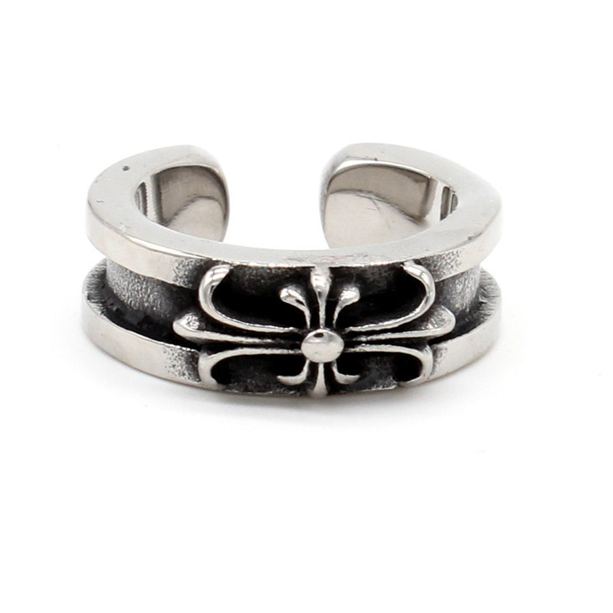 Cross Flower Grooved Opening Titanium Steel Ring for Men