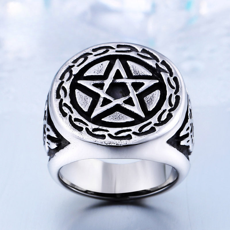 Custom Engraved Pentagram Ring in Retro Titanium Steel for Men - Wholesale Stainless Steel Jewelry