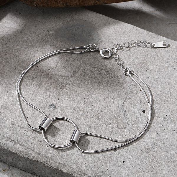 Geometric Hollow Circle with Snake Bone Chain Sterling Silver Bracelet