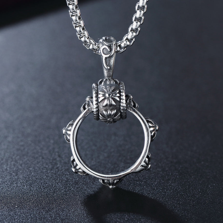 Cross Flower Circle Ring Titanium Steel Necklace for Men