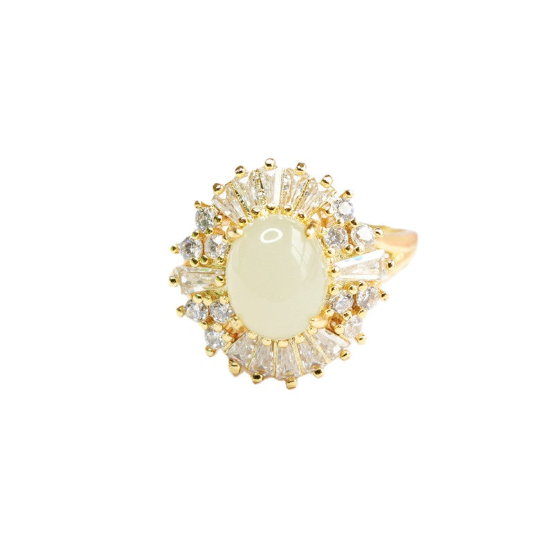 Elegant Hetian Jade Oval Ring with Zircon Accent