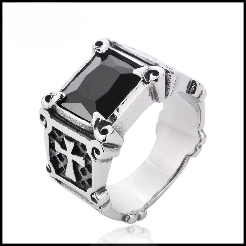 Trendy Retro Men's Thai Silver Ring with Titanium Steel and Zircon Inlay